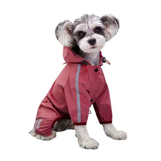 Pink reflective waterproof dog raincoat stylish jumpsuit by TrendyPet's Zone showing a cozy, pink raincoat for small dogs.