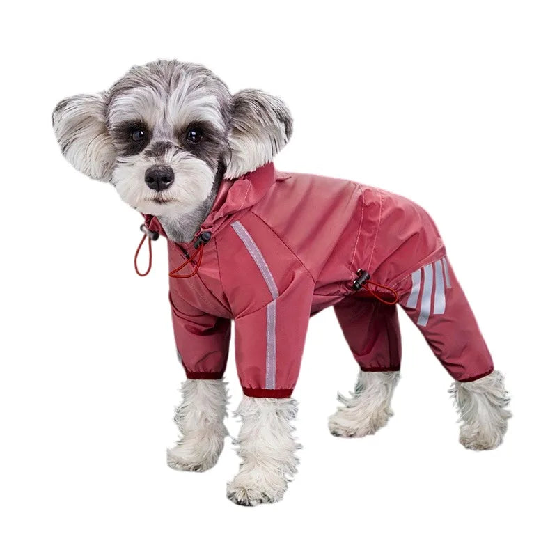 Pink reflective waterproof dog raincoat jumpsuit from TrendyPet's Zone, featuring a stylish design and adjustable fit for outdoor walks.
