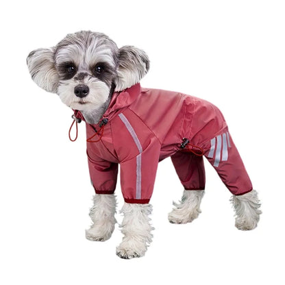 Pink reflective waterproof dog raincoat jumpsuit from TrendyPet's Zone, featuring a stylish design and adjustable fit for outdoor walks.