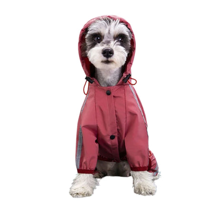 Pink reflective waterproof dog raincoat jumpsuit by TrendyPet's Zone, designed for stylish protection in wet weather.