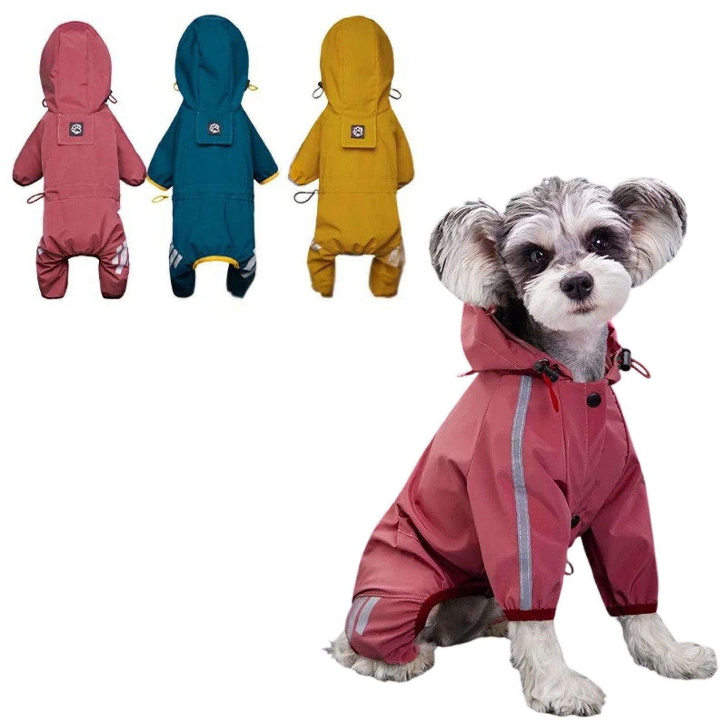 Pink waterproof dog raincoat and jumpsuit from TrendyPet's Zone with reflective features, designed for style and weather protection.