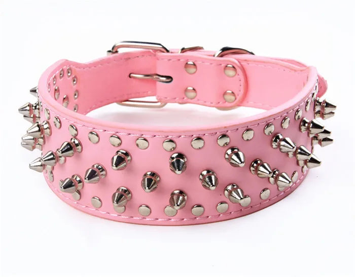 Pink spiked leather dog collar from TrendyPet's Zone, adjustable anti-bite puppy collar for small to medium dogs.
