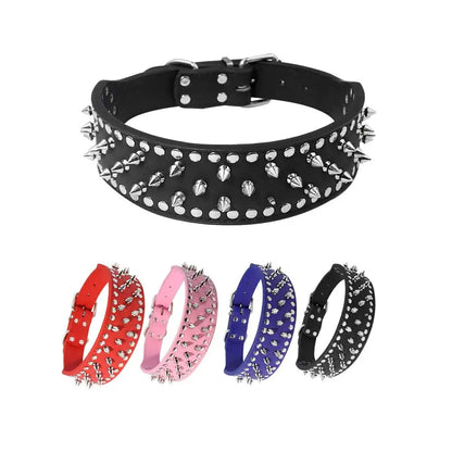 Black spiked leather dog collar with adjustable strap, anti-bite design, suitable for small and medium dogs.