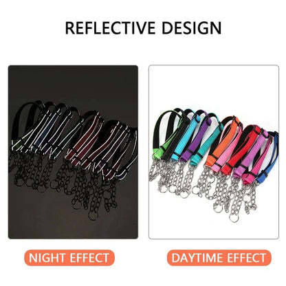 Pink Stainless Steel Chain Reflective Nylon Fabric Pet Collars for Small Medium Large Dogs - TrendyPet's Zone