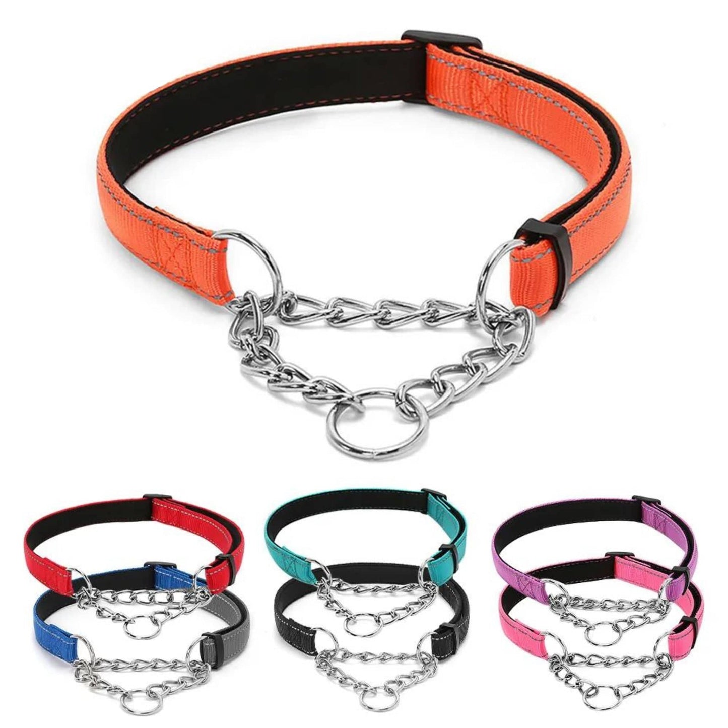 Pink Stainless Steel Chain Reflective Nylon Fabric Pet Collars for Small Medium Large Dogs - TrendyPet's Zone