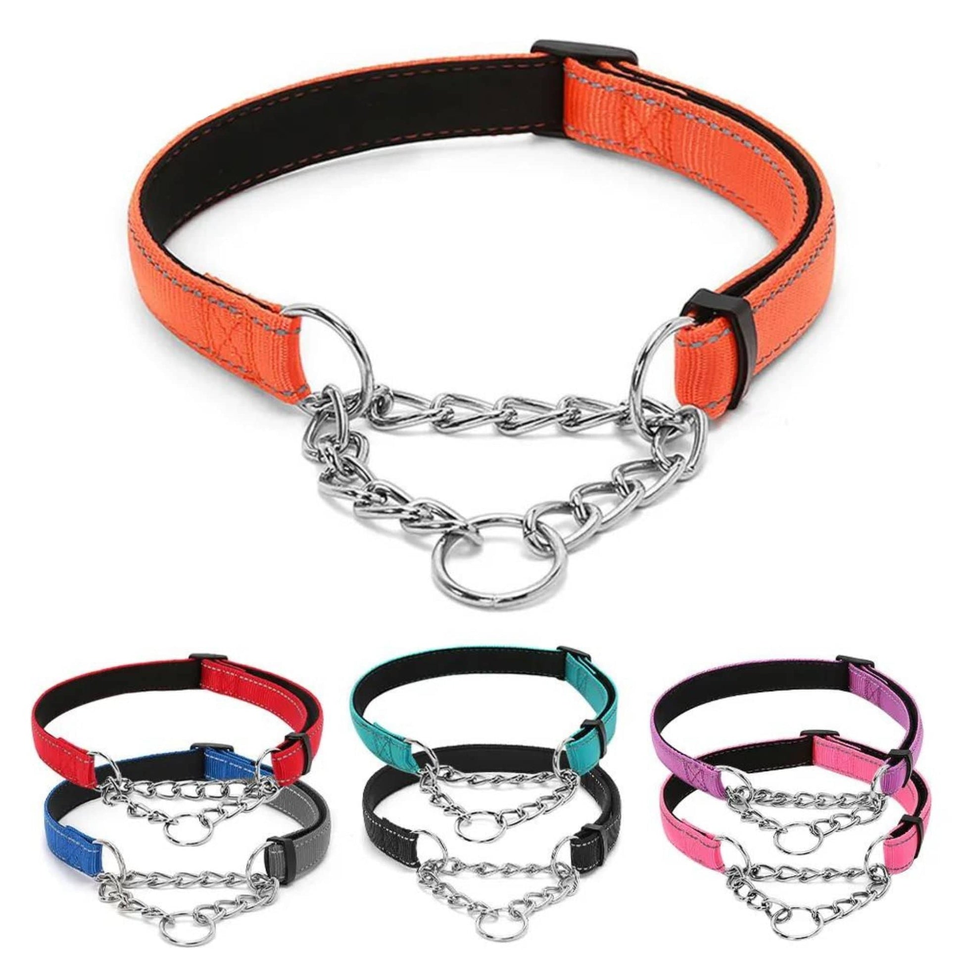Pink Stainless Steel Chain Reflective Nylon Fabric Pet Collars for Small Medium Large Dogs - TrendyPet's Zone