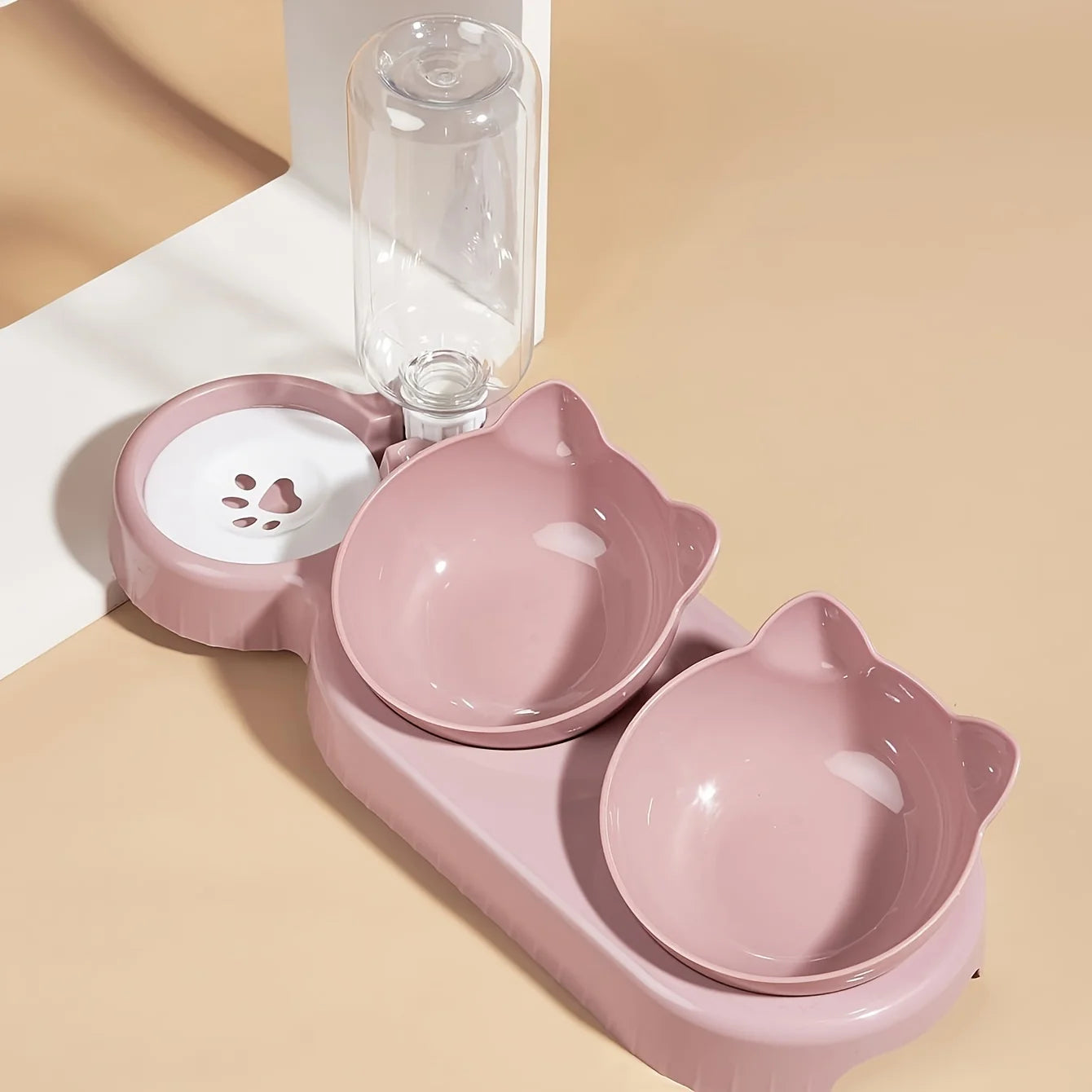 Pink TrendyPet's Zone elevated tilted cat water and food bowl set with 3-in-1 design, raised station, and neck protection for cats.