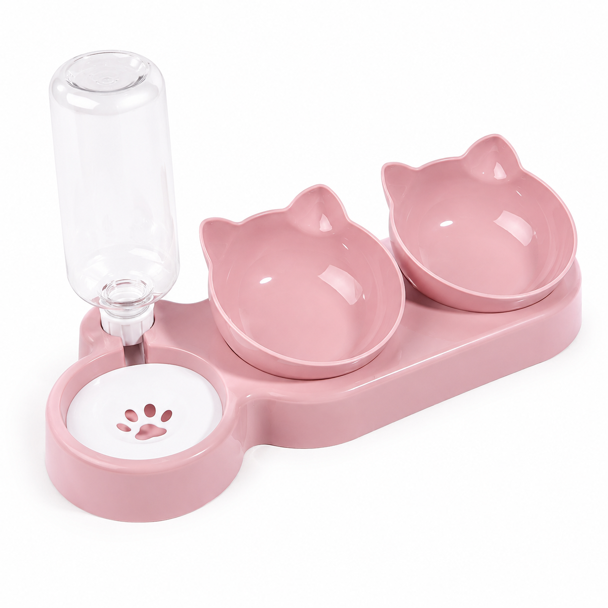Pink TrendyPet's Zone tilted cat water and food bowl set with 3-in-1 elevated feeding station and neck protection for cats.