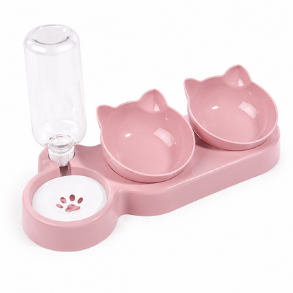 Pink TrendyPet's Zone tilted cat water and food bowl set with 3-in-1 elevated feeding station and neck protection for cats.