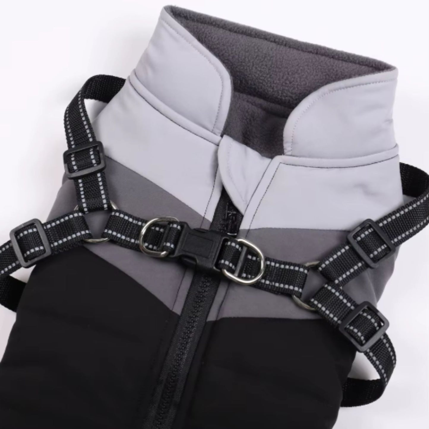 Black warm dog coat with harness, autumn winter waterproof jacket designed for cold weather, by TrendyPet's Zone.