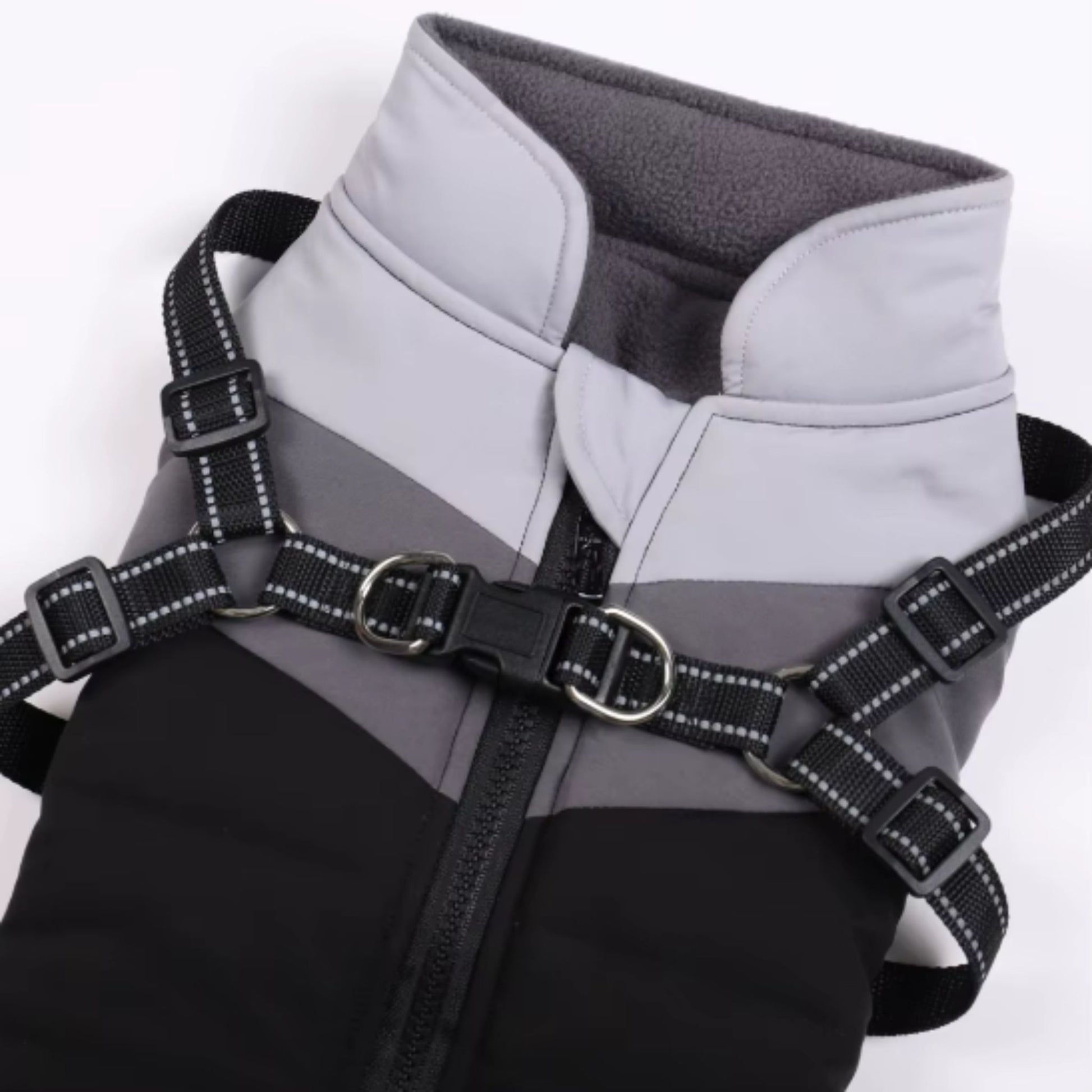 Black warm dog coat with harness, autumn winter waterproof jacket designed for cold weather, by TrendyPet's Zone.