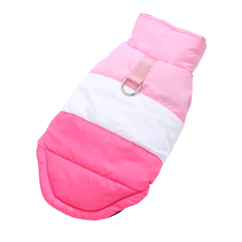 Pink winter dog coat with built-in harness ring, lightweight and warm, designed by TrendyPet's Zone for small to medium dogs.