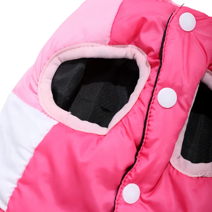 Pink winter dog coat with built-in harness ring, lightweight and warm, from TrendyPet's Zone, designed for comfort and durability.