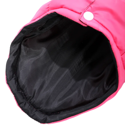 Pink winter dog coat with built-in harness ring, lightweight and warm, from TrendyPet's Zone, perfect for cold weather walks.