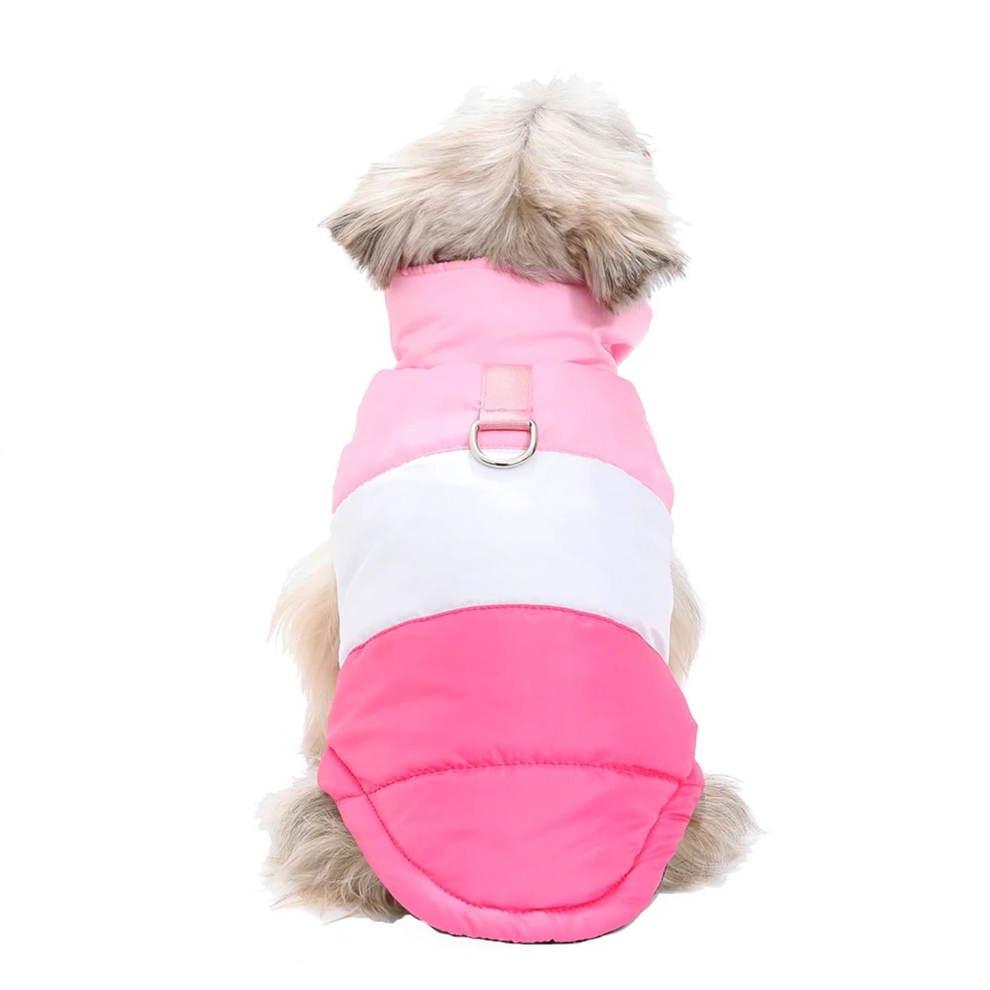 Pink winter dog jacket with built-in harness ring from TrendyPet's Zone, lightweight and warm coat for dogs.
