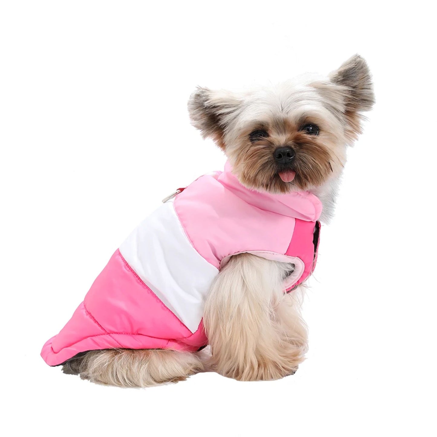 Pink winter dog coat with built-in harness ring, lightweight and warm, from TrendyPet's Zone, designed for small to medium dogs.