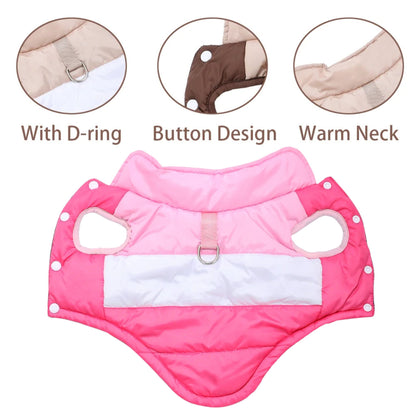 Pink winter dog coat with built-in harness ring, lightweight and warm, designed by TrendyPet's Zone for small to medium dogs.