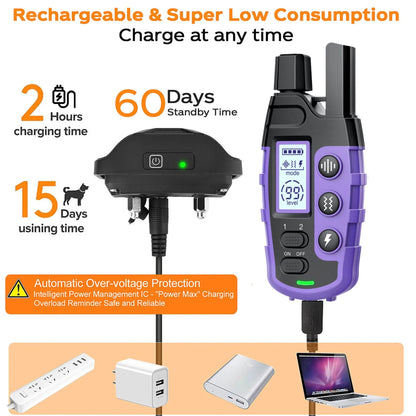 Purple TrendyPet's Zone dog training shock collar with remote, waterproof, rechargeable, for small to large dogs 5-120 lbs.