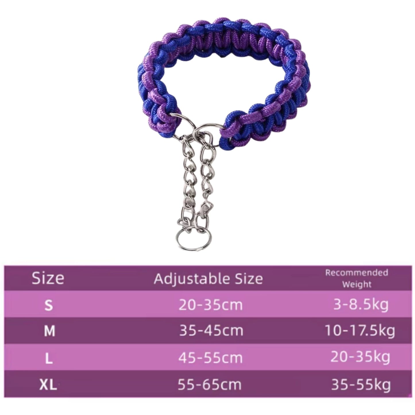Purple and blue woven nylon dog collar with P chain, adjustable martingale style for small, medium, and large dogs by TrendyPet's Zone.