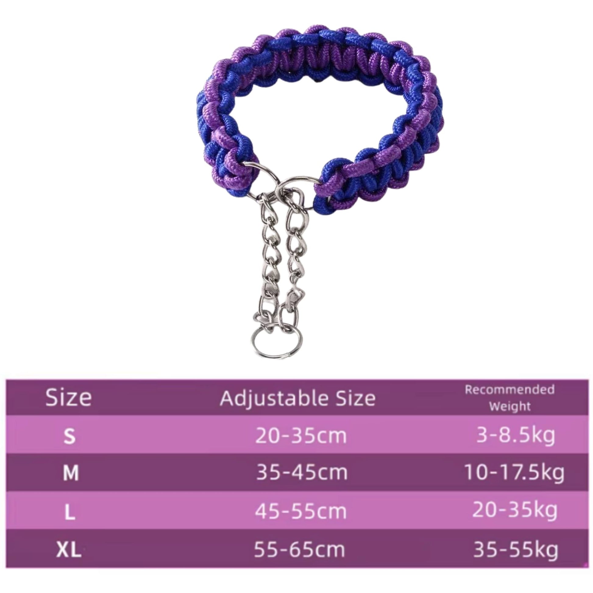 Purple and blue woven nylon dog collar with P chain, adjustable martingale style for small, medium, and large dogs by TrendyPet's Zone.