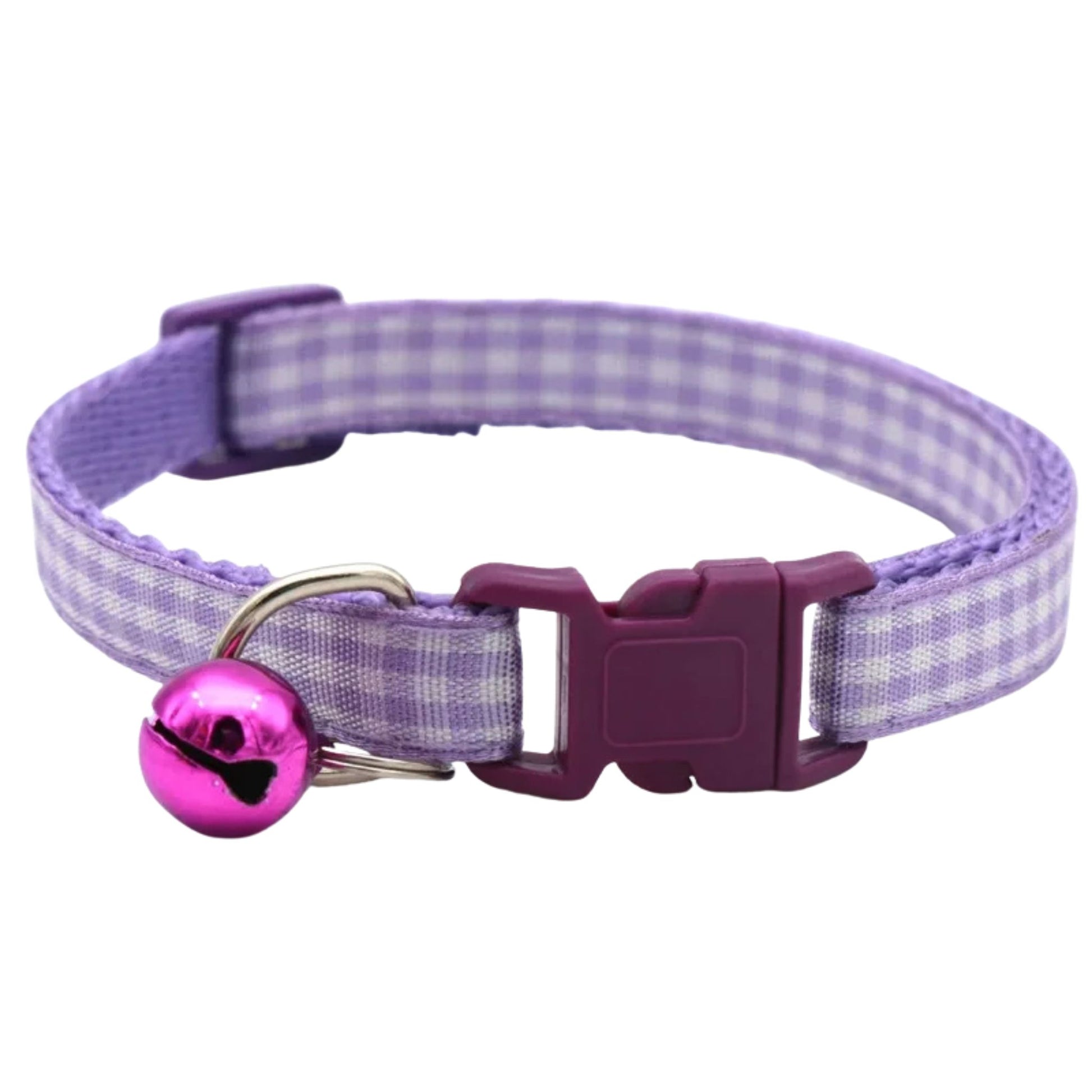 Purple checkered striped pet collar with bell, adjustable nylon collar for cats and small dogs, by TrendyPet's Zone.