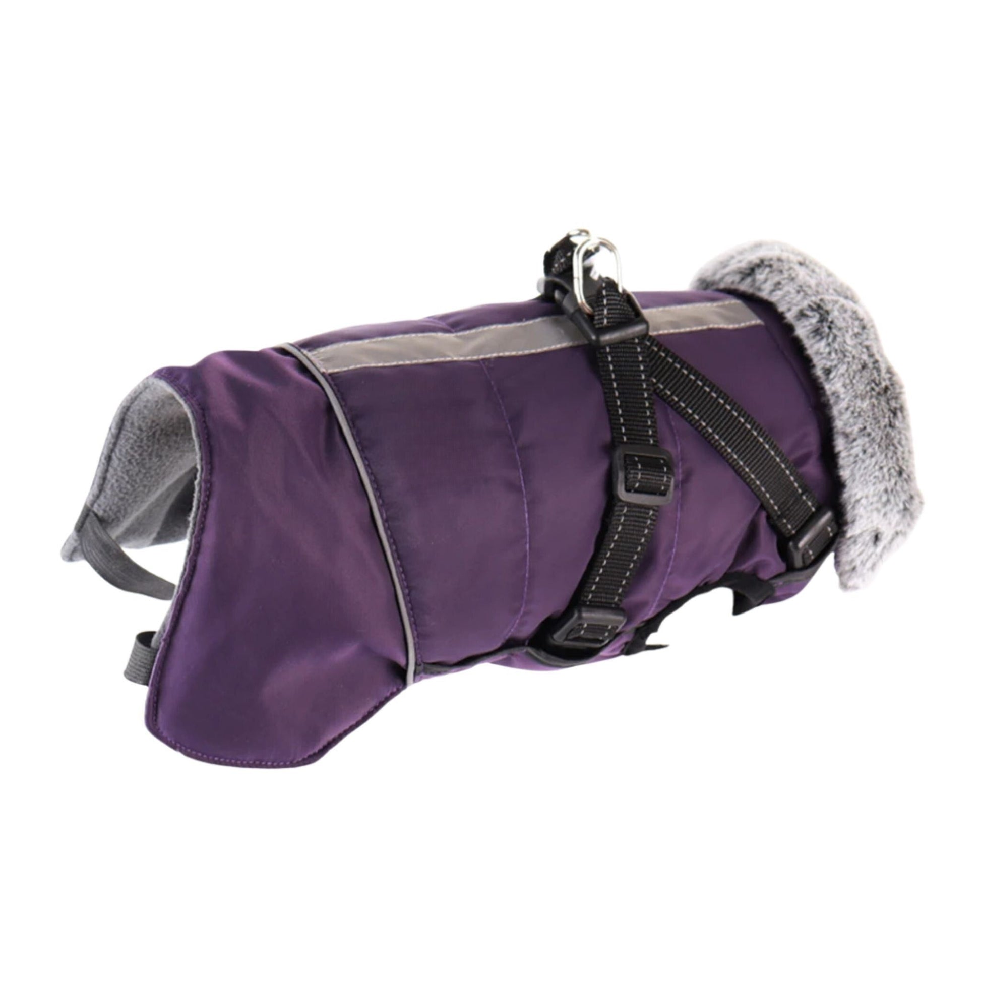Purple Cozy Dog Jacket with harness, weatherproof pet coat by TrendyPet's Zone, designed for warmth and protection.