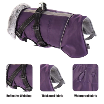 Purple Cozy Dog Jacket with harness, weatherproof pet coat by TrendyPet's Zone, designed for warmth and outdoor protection.