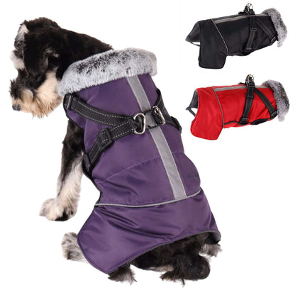 Purple cozy dog jacket with harness, weatherproof pet coat from TrendyPet's Zone, designed for outdoor comfort and protection