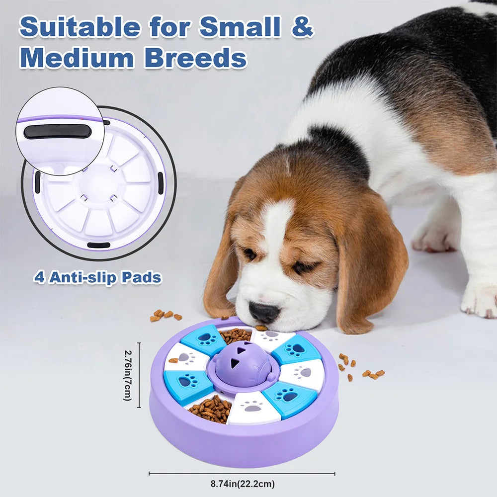 Purple dog puzzle feeder toy from TrendyPet's Zone with slow eating bowl and treat dispenser for IQ training and mental stimulation.