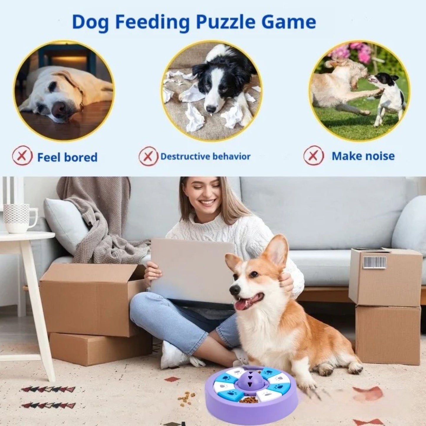 Purple dog puzzle feeder toy from TrendyPet's Zone with slow eating bowl and treat dispenser for IQ training.