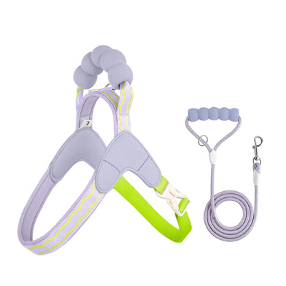 Purple escape-proof dog harness set with reflective stitching for all dog sizes, featuring adjustable straps and durable leash.