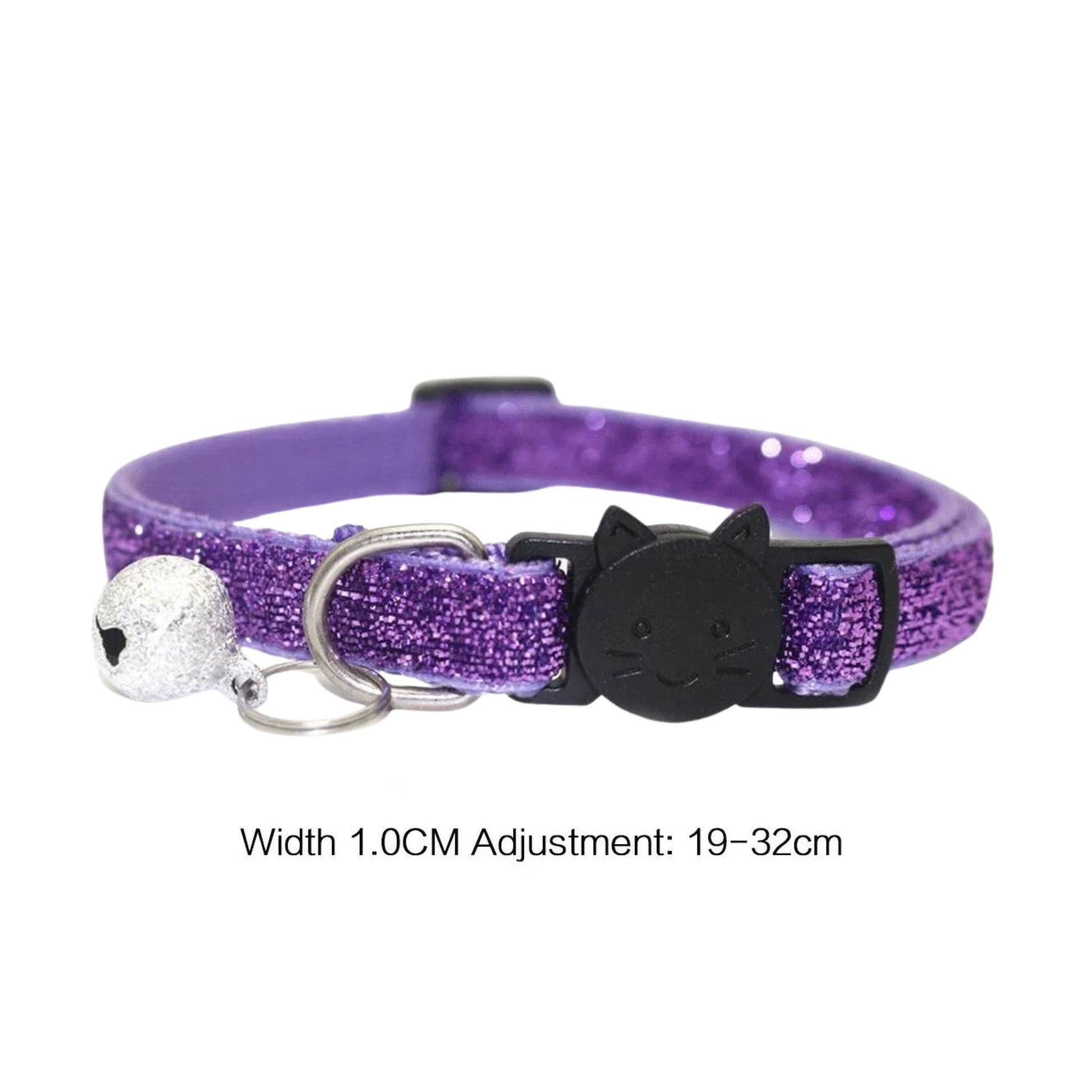 Purple glitter cat collar with a bell, cute cat face design, safety buckle, by TrendyPet's Zone, for stylish and secure pet wear.