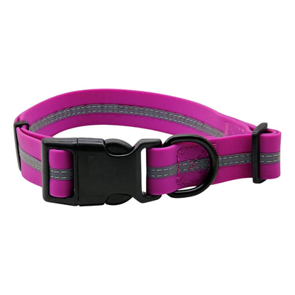 Purple PVC dog collar with reflective stripe, adjustable and anti-odor, from TrendyPet's Zone, designed for pet safety and comfort.