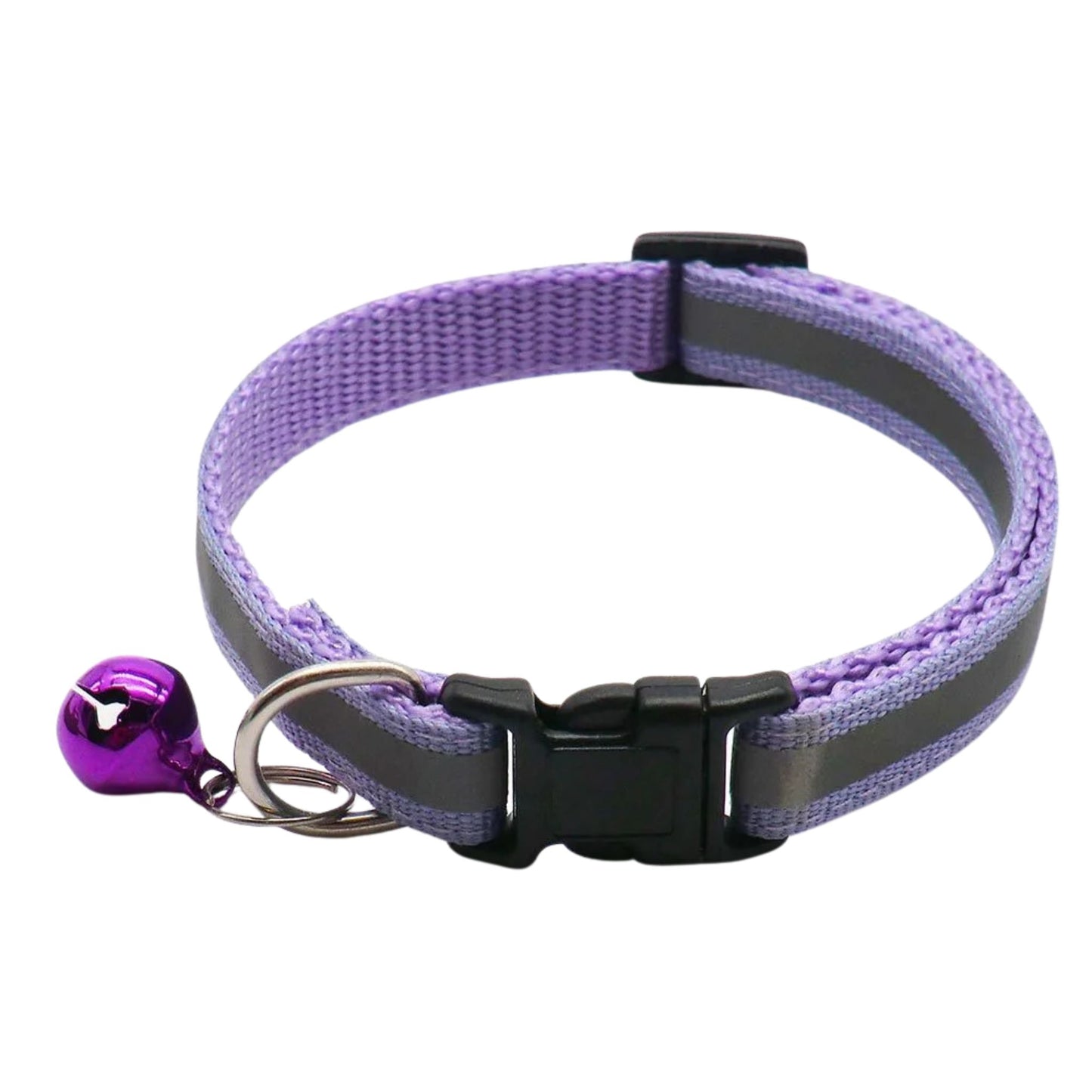 Purple reflective cat collar with bell, adjustable nylon safety breakaway design, perfect for cats and kittens.