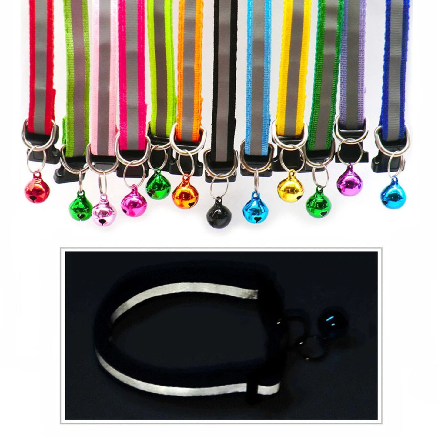 Red reflective LED cat collar with bell, adjustable nylon strap, safety breakaway design for kittens and cats.