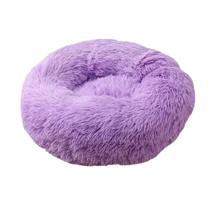 Purple round plush pet bed by TrendyPet's Zone, featuring a soft, thickened mattress with a zipper for dogs and cats.
