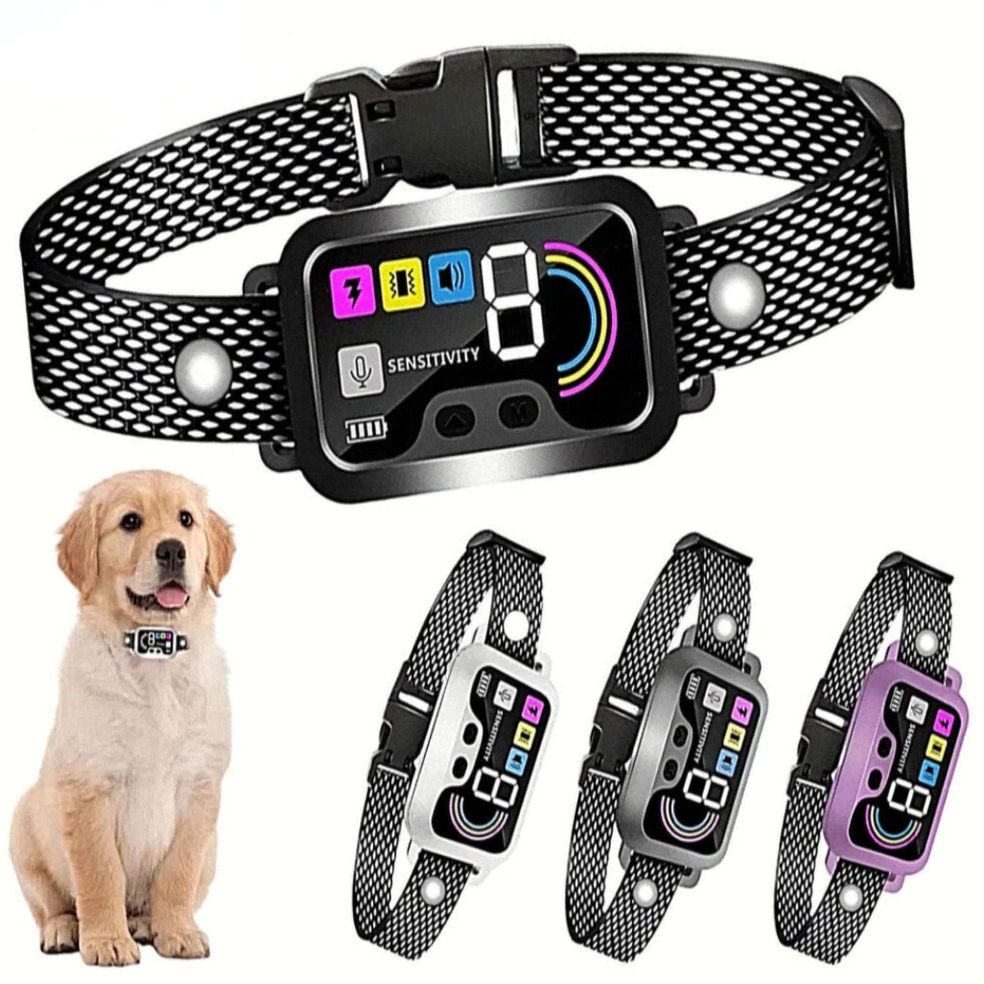 Purple Smart Anti Barking Collar for small to large dogs, rechargeable with 4 training modes and 8 adjustable sensitivity levels.