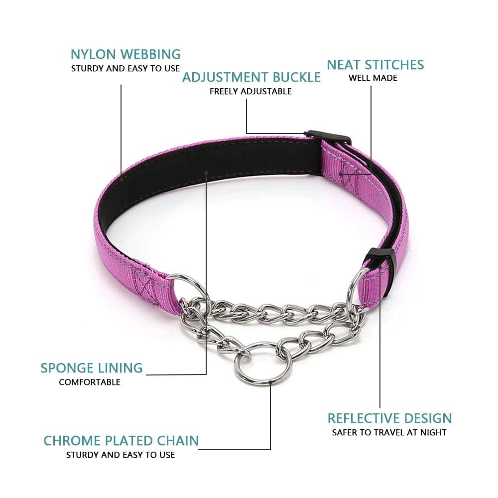Purple Stainless Steel Chain Reflective Nylon Fabric Pet Collars for Small Medium Large Dogs - TrendyPet's Zone