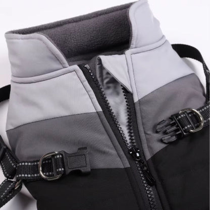 Black warm dog coat with harness, suitable for autumn and winter, waterproof and cold weather clothing from TrendyPet's Zone.