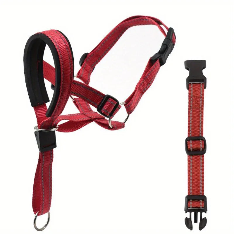 Red adjustable nylon anti-bark dog muzzle and head halter from TrendyPet's Zone, designed to control barking and ensure safety.