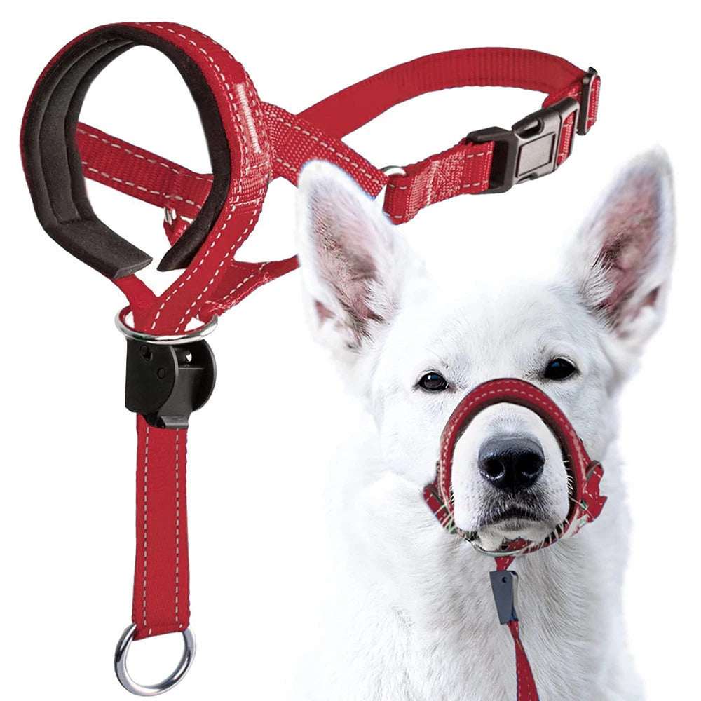 Red adjustable nylon anti-bark dog muzzle and head halter by TrendyPet's Zone, designed for control and safety.