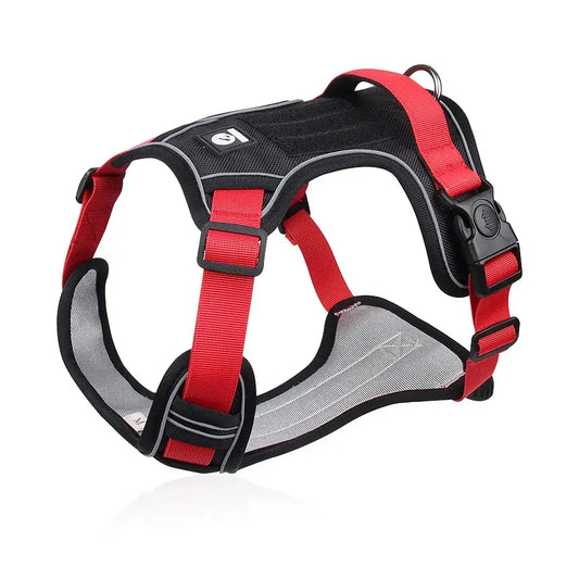 Red adjustable tactical dog harness with handle from TrendyPet's Zone, designed to prevent pulling and ensure control during walks.
