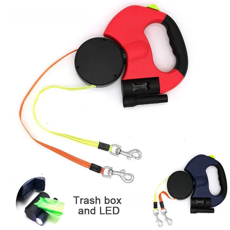 Red Auto Retractable Double-Ended Traction Rope Dual Dog Leash 360-Degree Rotating With Flashlight & Garbage Bag Storage - TrendyPet's Zone