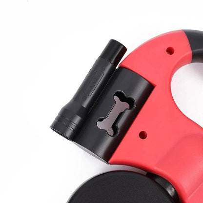 Red Auto Retractable Double-Ended Traction Rope Dual Dog Leash 360-Degree Rotating With Flashlight & Garbage Bag Storage - TrendyPet's Zone