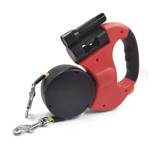 Red Auto Retractable Double-Ended Traction Rope Dual Dog Leash 360-Degree Rotating With Flashlight & Garbage Bag Storage