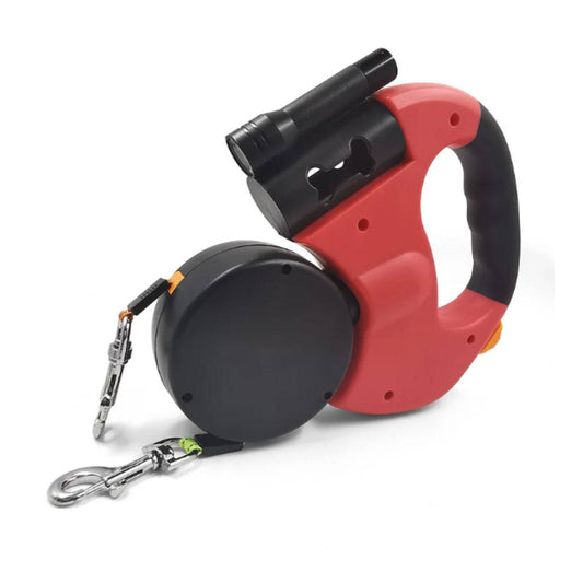 Red Auto Retractable Double-Ended Traction Rope Dual Dog Leash 360-Degree Rotating With Flashlight & Garbage Bag Storage - TrendyPet's Zone