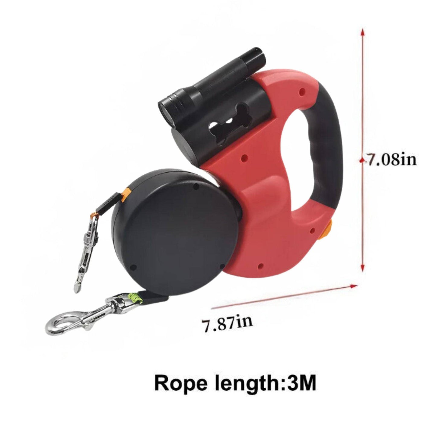 Red Auto Retractable Double-Ended Traction Rope Dual Dog Leash 360-Degree Rotating With Flashlight & Garbage Bag Storage - TrendyPet's Zone