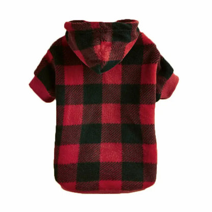 Red and black plaid winter pet hoodie from TrendyPet's Zone, stylish and warm sweater jacket for dogs or cats.