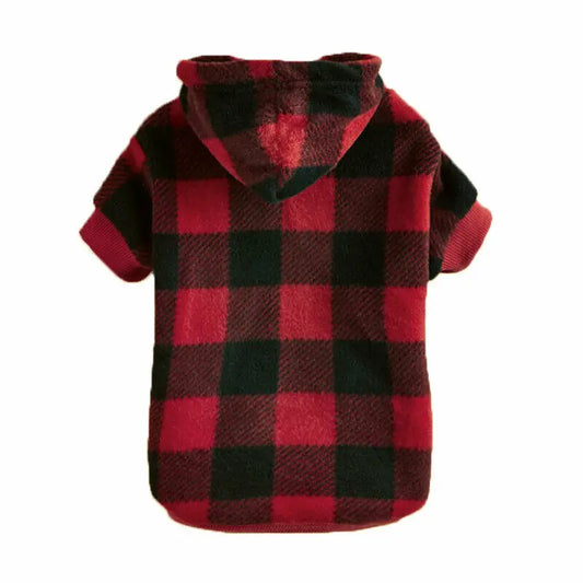 Red and black plaid winter pet hoodie from TrendyPet's Zone, stylish and warm sweater jacket for dogs or cats.