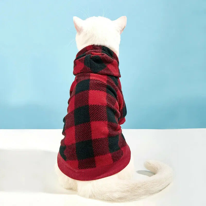Cute red and black plaid winter pet hoodie sweater from TrendyPet's Zone, stylish and warm pet jacket for cold weather.